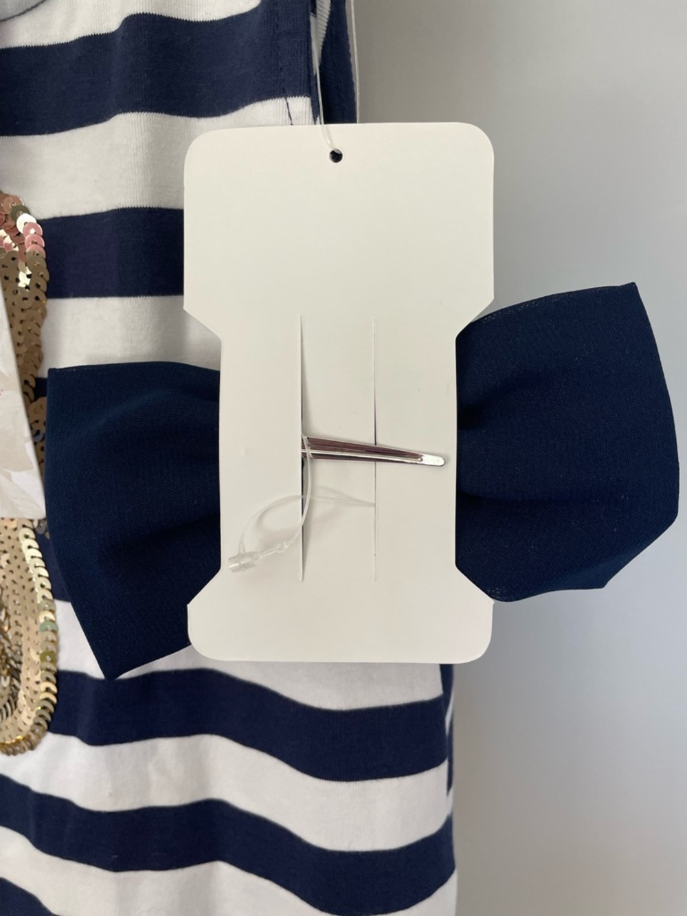 Tommy Bahama Navy & White Striped Girls Dress W Gold Sequin Seahorse & Hair Bow - Picture 10 of 10